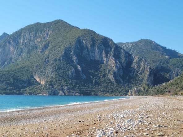 Olympos Beach with mountain in the background
